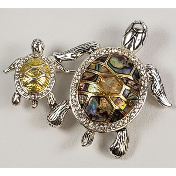 Vintage Signed Napier Turtle With Baby Abalone Shell & Rhinestone Accents Brooch - Picture 3 of 14